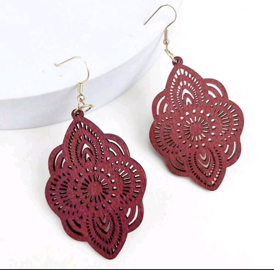 Cabernet Wood Lace Pattern Carved Drop Earrings