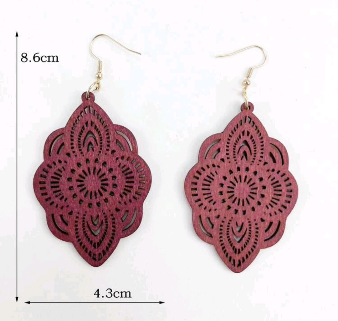 Cabernet Wood Lace Pattern Carved Drop Earrings