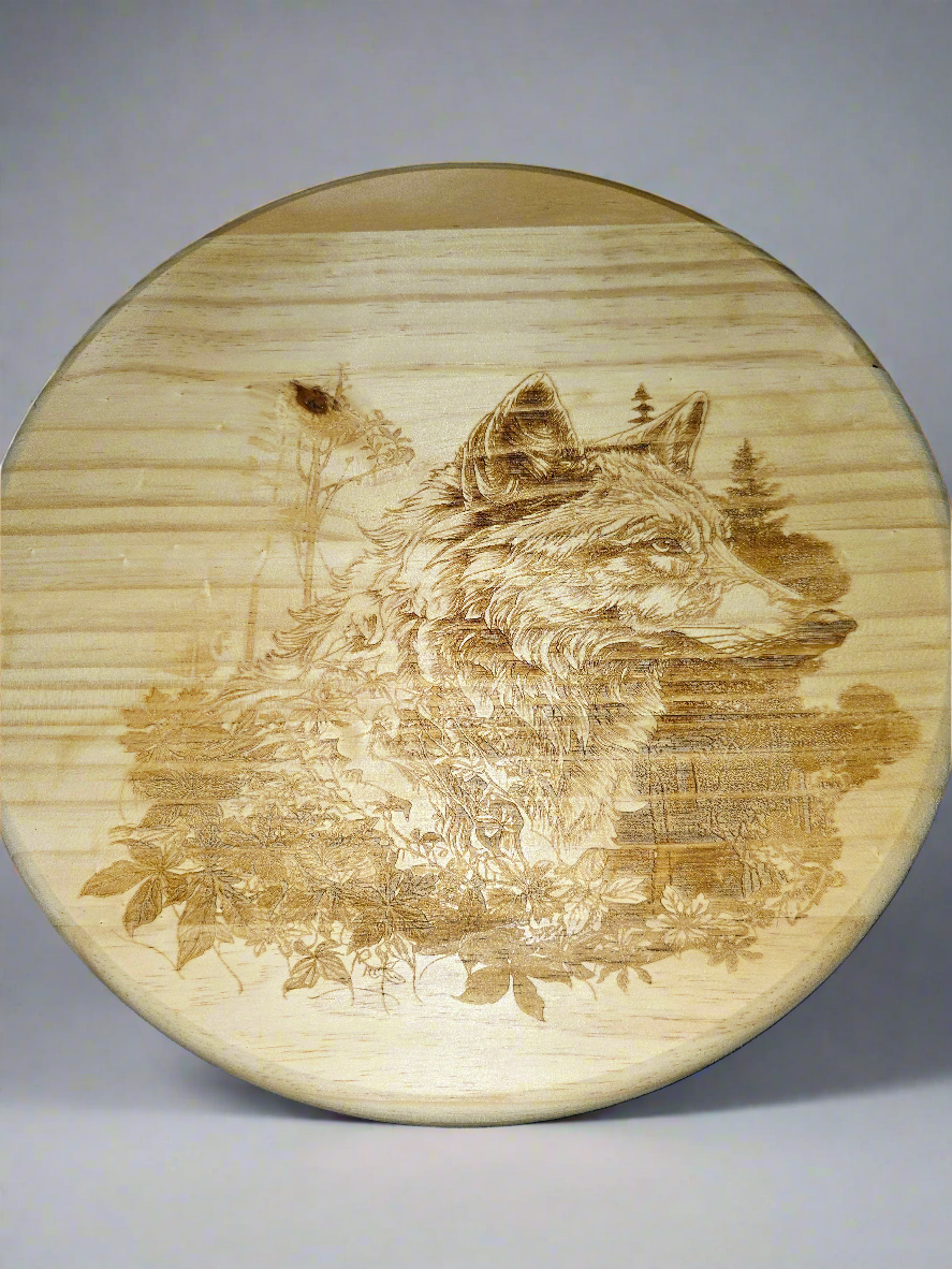 Wolf engraved 15" round plaque