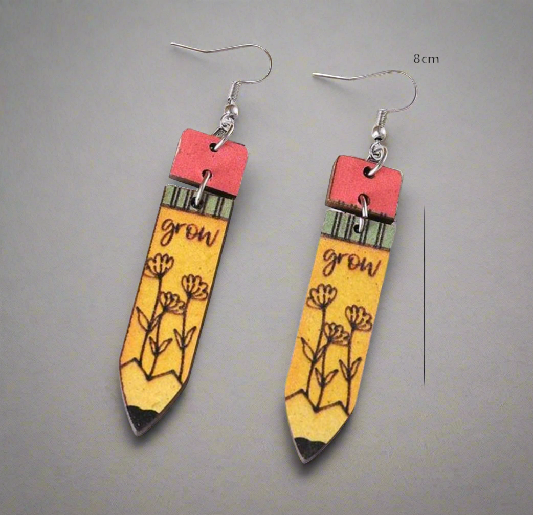 "Grow" in learning & love teacher pencil earrings